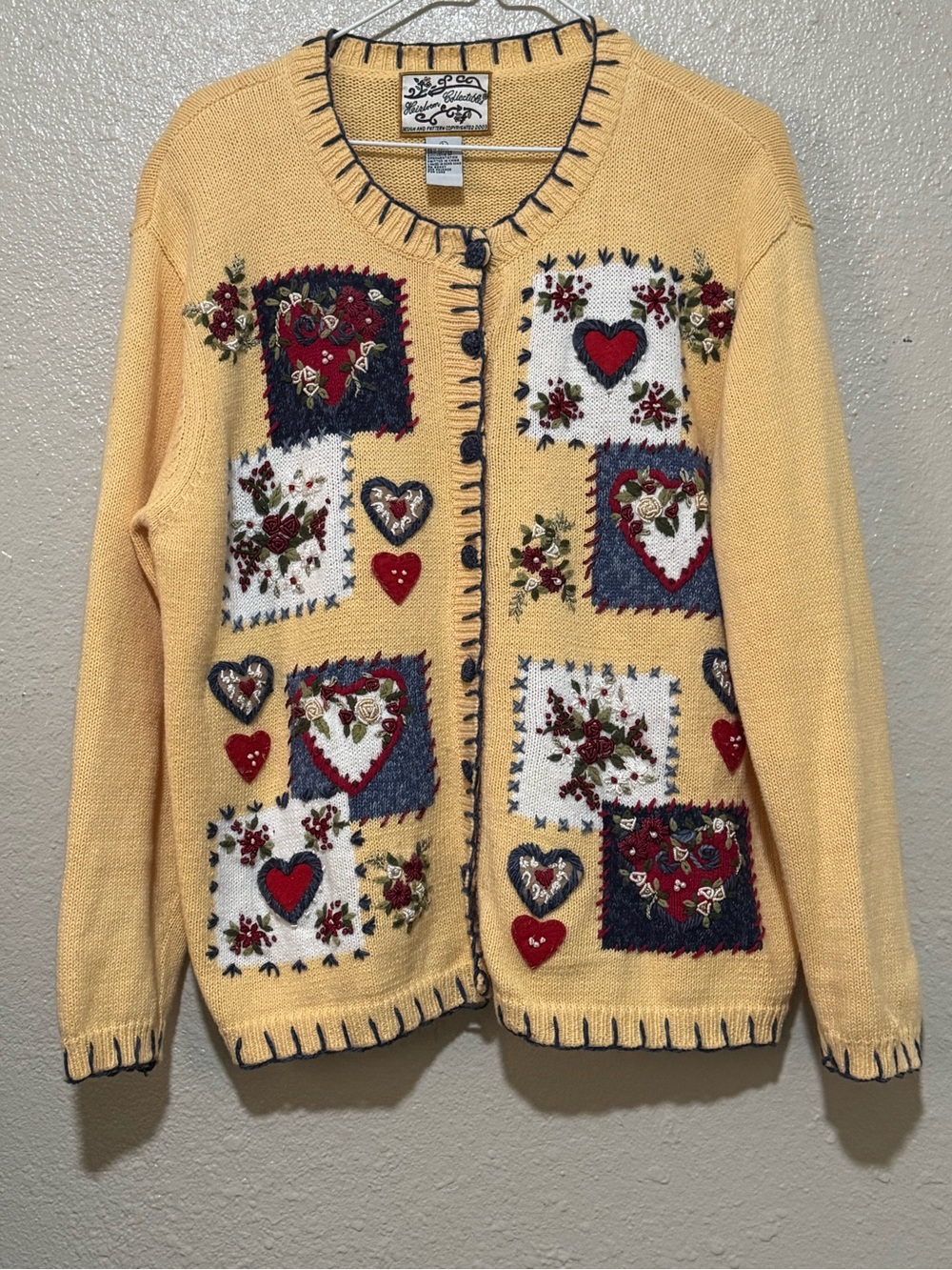 Vtg Heirloom Collectibles Novelty Cottage Yellow Cardigan Patchwork Knit W Sz L